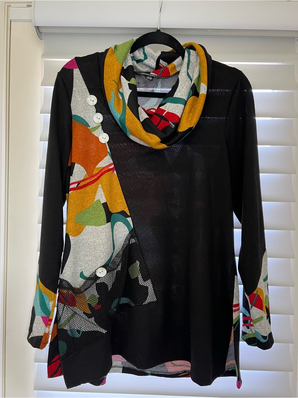 Unique Black Multicolor Cowl-Neck Sweater Tunic Size M